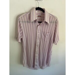 Vintage Teasdale Knit Wear Mens Purple Striped Short Sleeve 70s Button Down 15.5